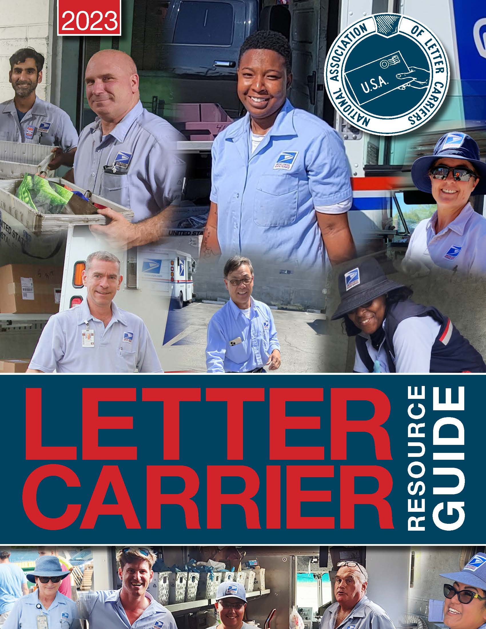 2023 Letter Resource Guide. Smiling letter carriers wearing USPS uniforms. National Letter Carriers Logo. 